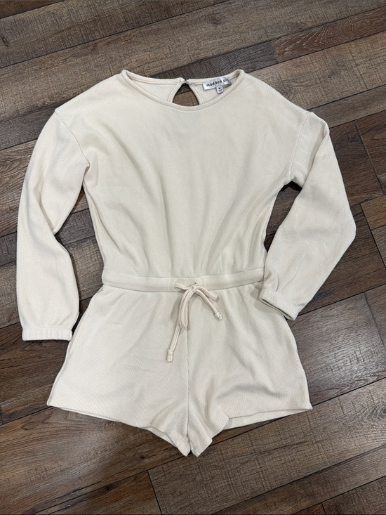 Madden Girl Pants - Madden Girl Cream Ribbed Long-Sleeve Knit Romper with Tie Waist